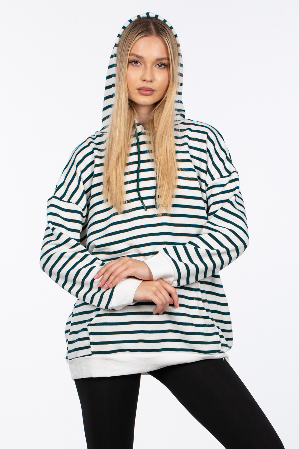 Kapüşonlu çizgili sweatshirt-5041 Beyaz/Nefti