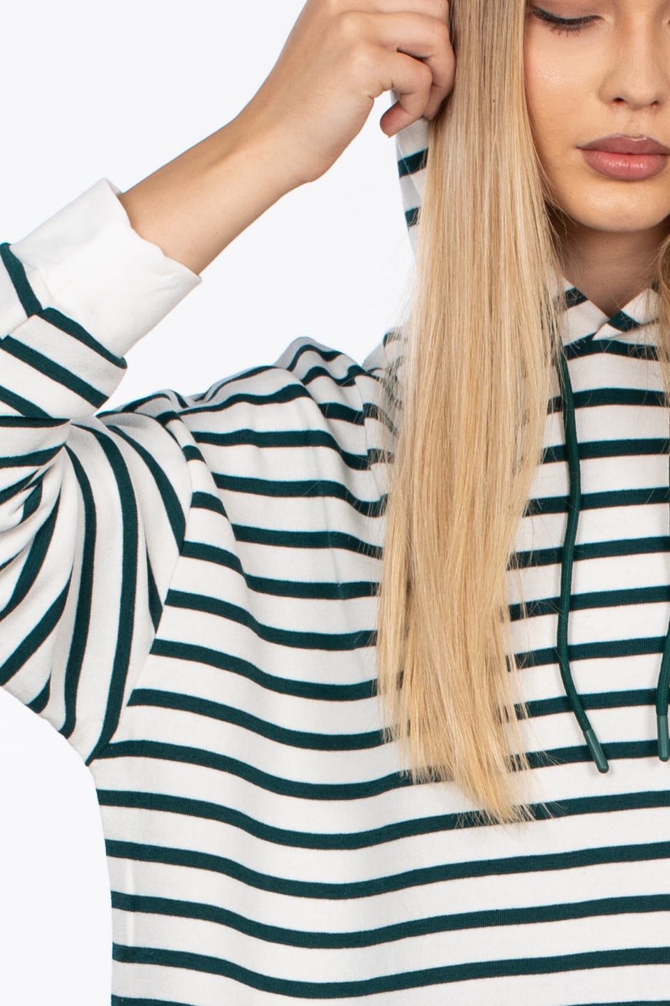 Kapüşonlu çizgili sweatshirt-5041 Beyaz/Nefti