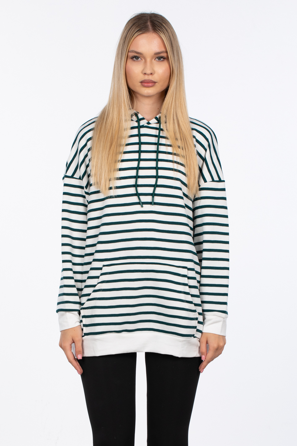 Kapüşonlu çizgili sweatshirt-5041 Beyaz/Nefti