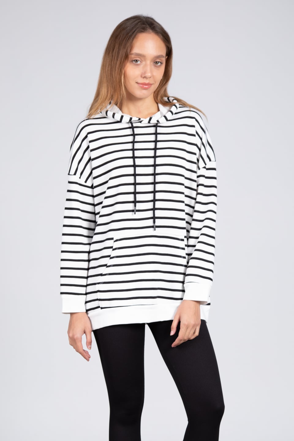 Kapüşonlu çizgili sweatshirt-5041 Siyah Çiz.
