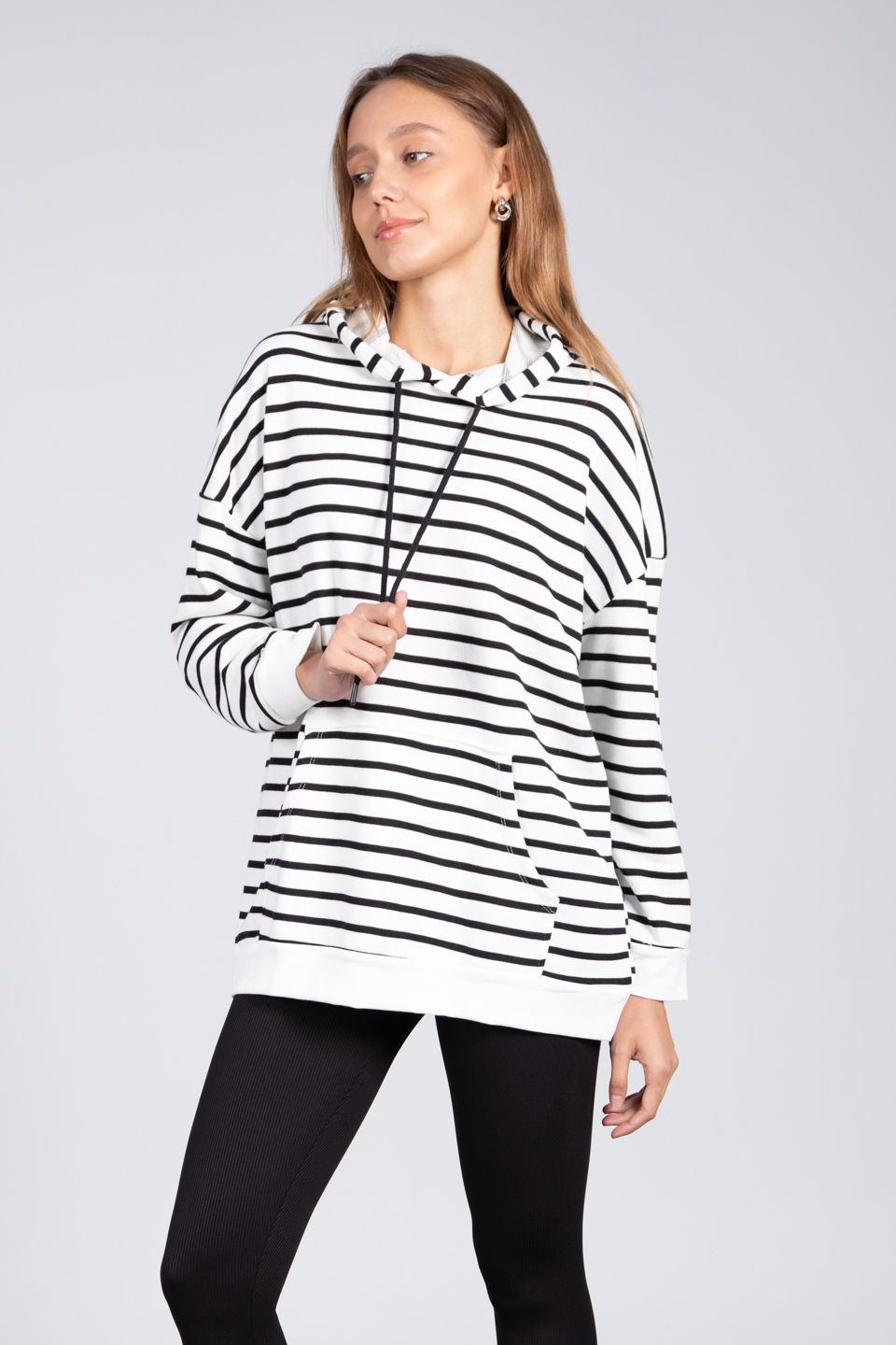 Kapüşonlu çizgili sweatshirt-5041 Siyah Çiz.
