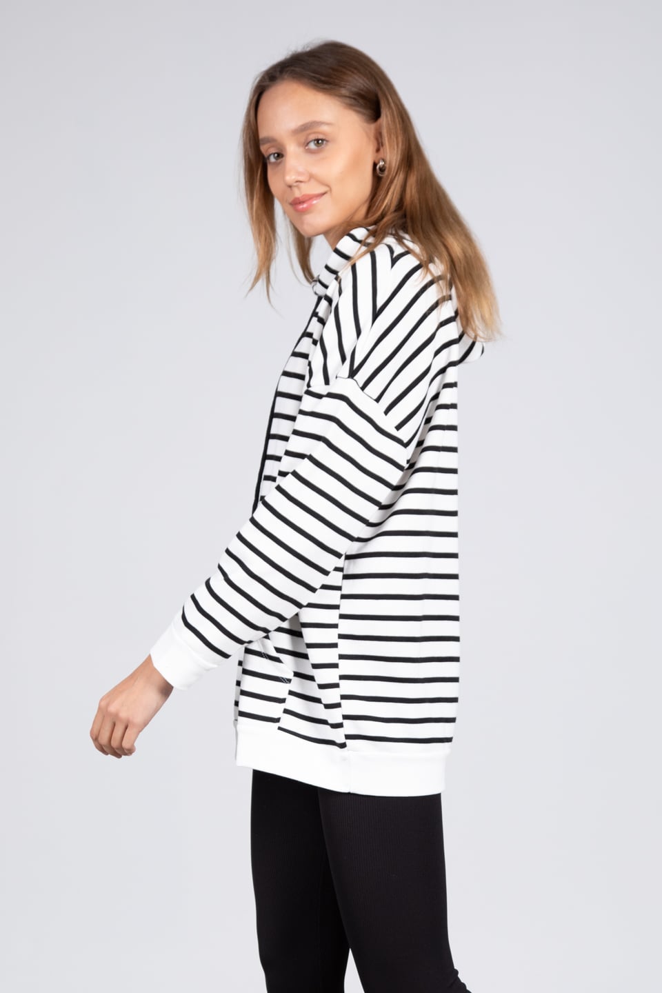 Kapüşonlu çizgili sweatshirt-5041 Siyah Çiz.