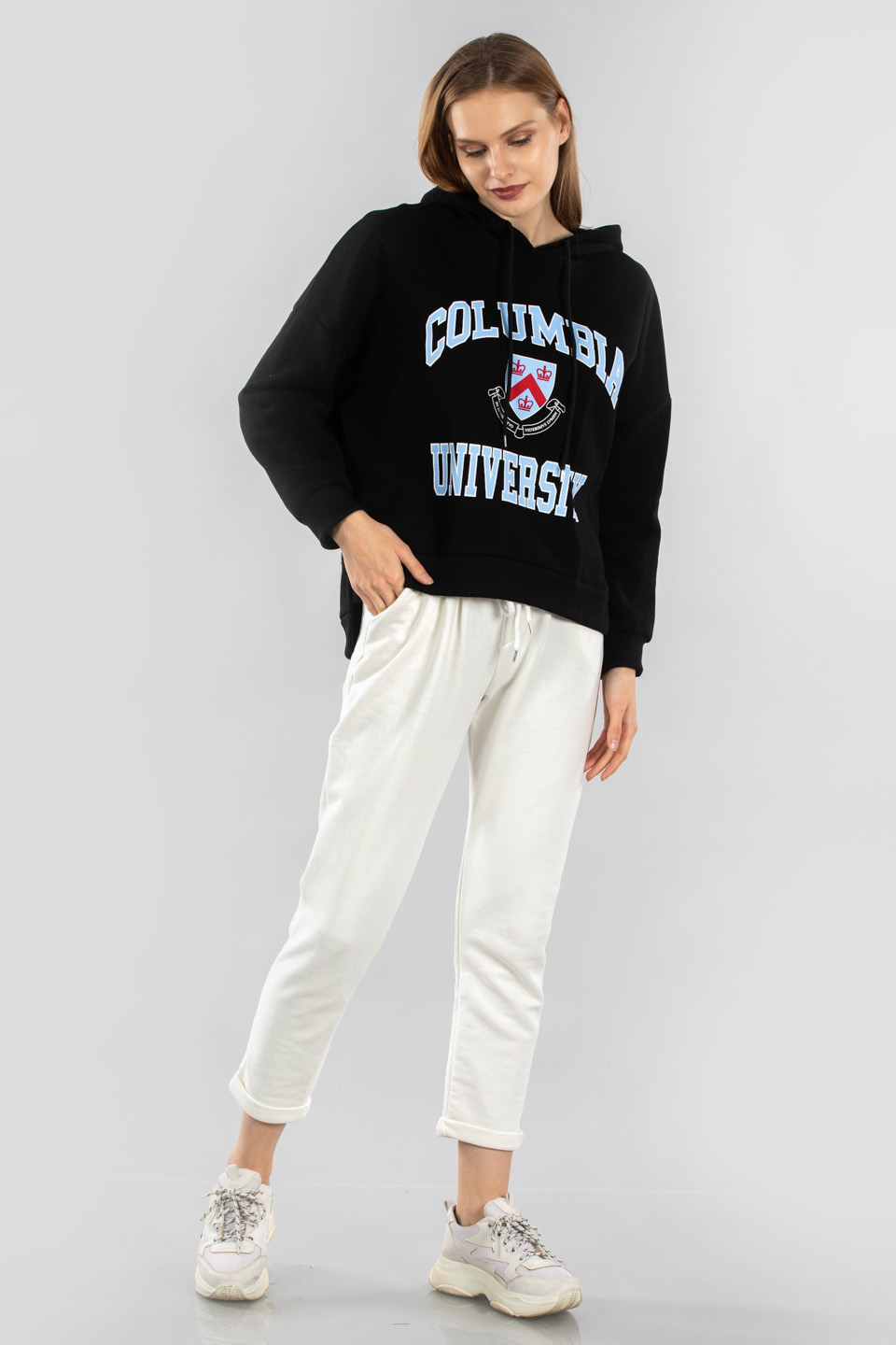 Kapüşonlu columbıa baskılı sweatshırt-7843 Siyah