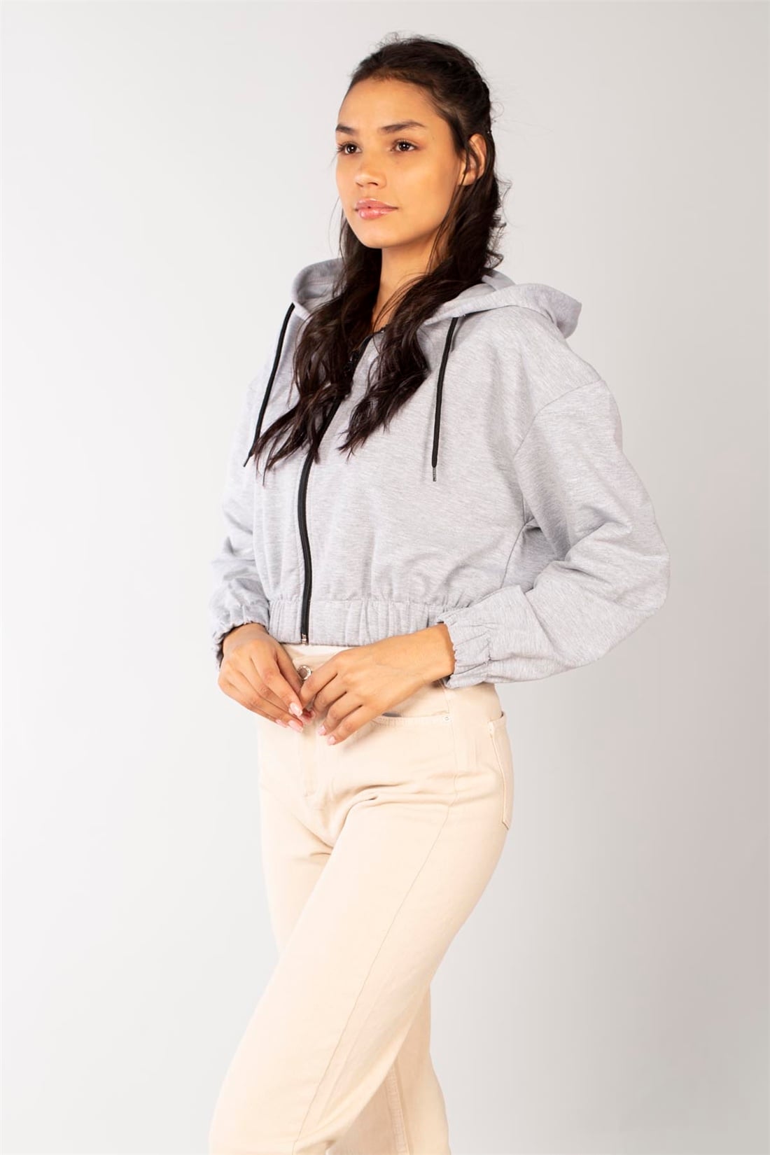 Kapüşonlu Crop Fermuarlı Sweat-Gri Melanj