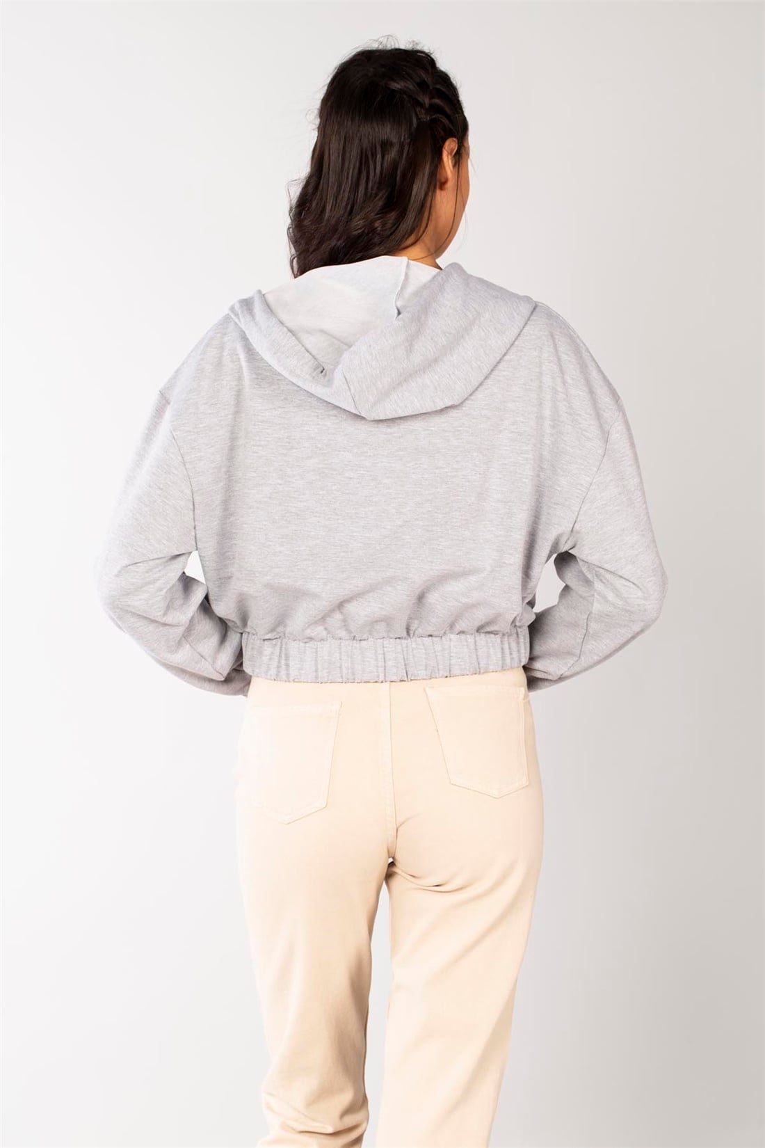Kapüşonlu Crop Fermuarlı Sweat-Gri Melanj