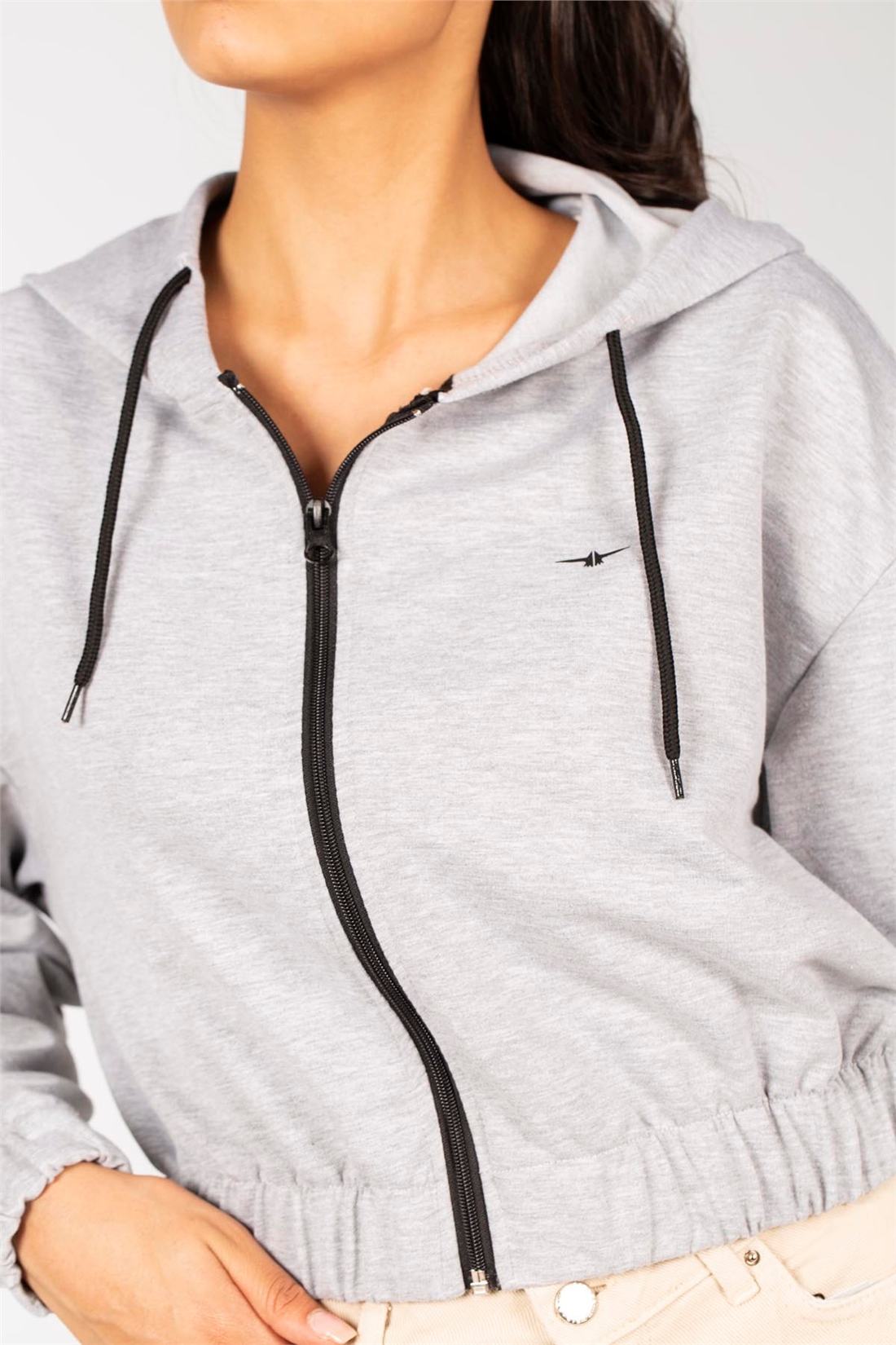 Kapüşonlu Crop Fermuarlı Sweat-Gri Melanj