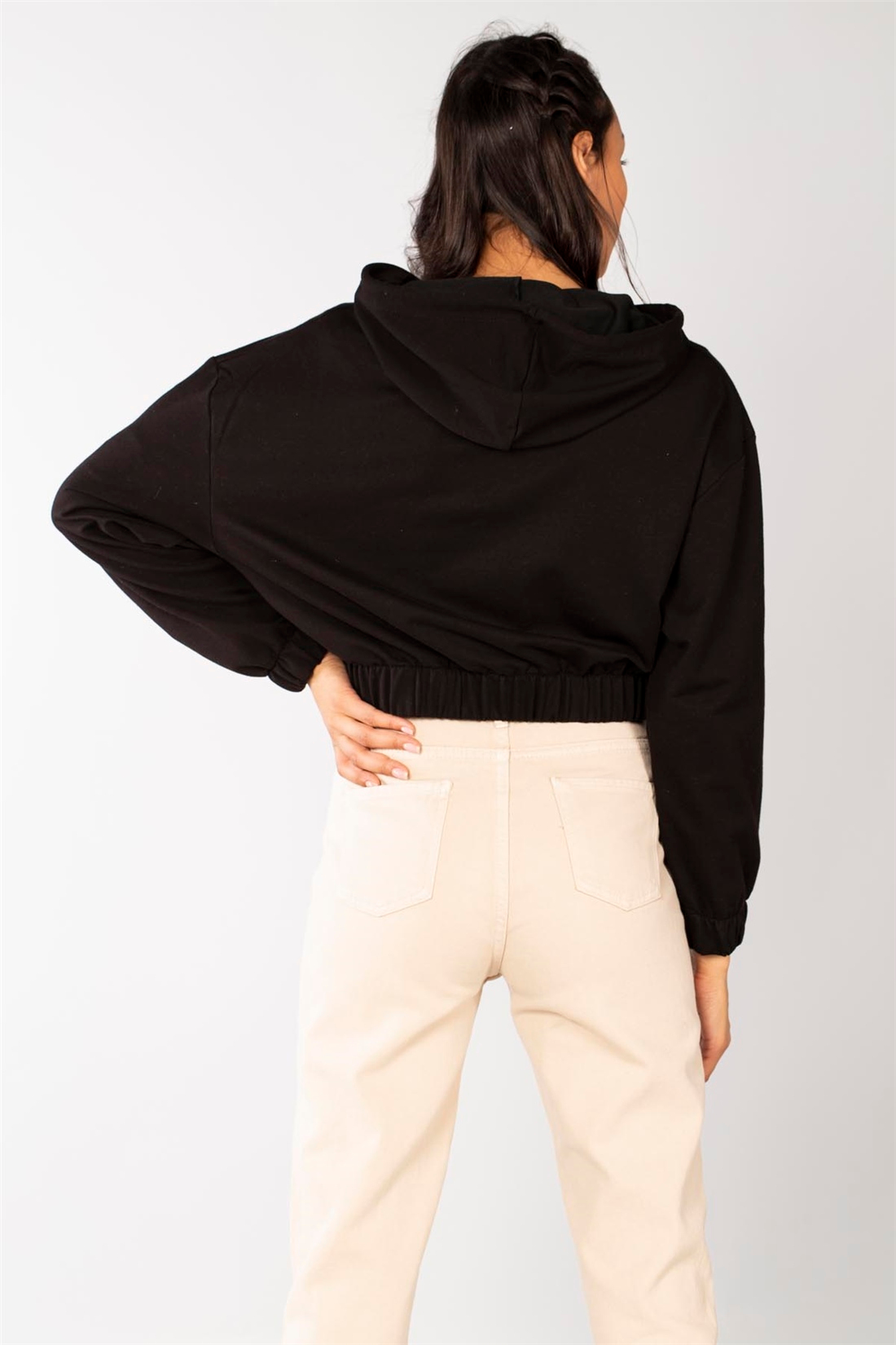 Kapüşonlu Crop Fermuarlı Sweat-Siyah
