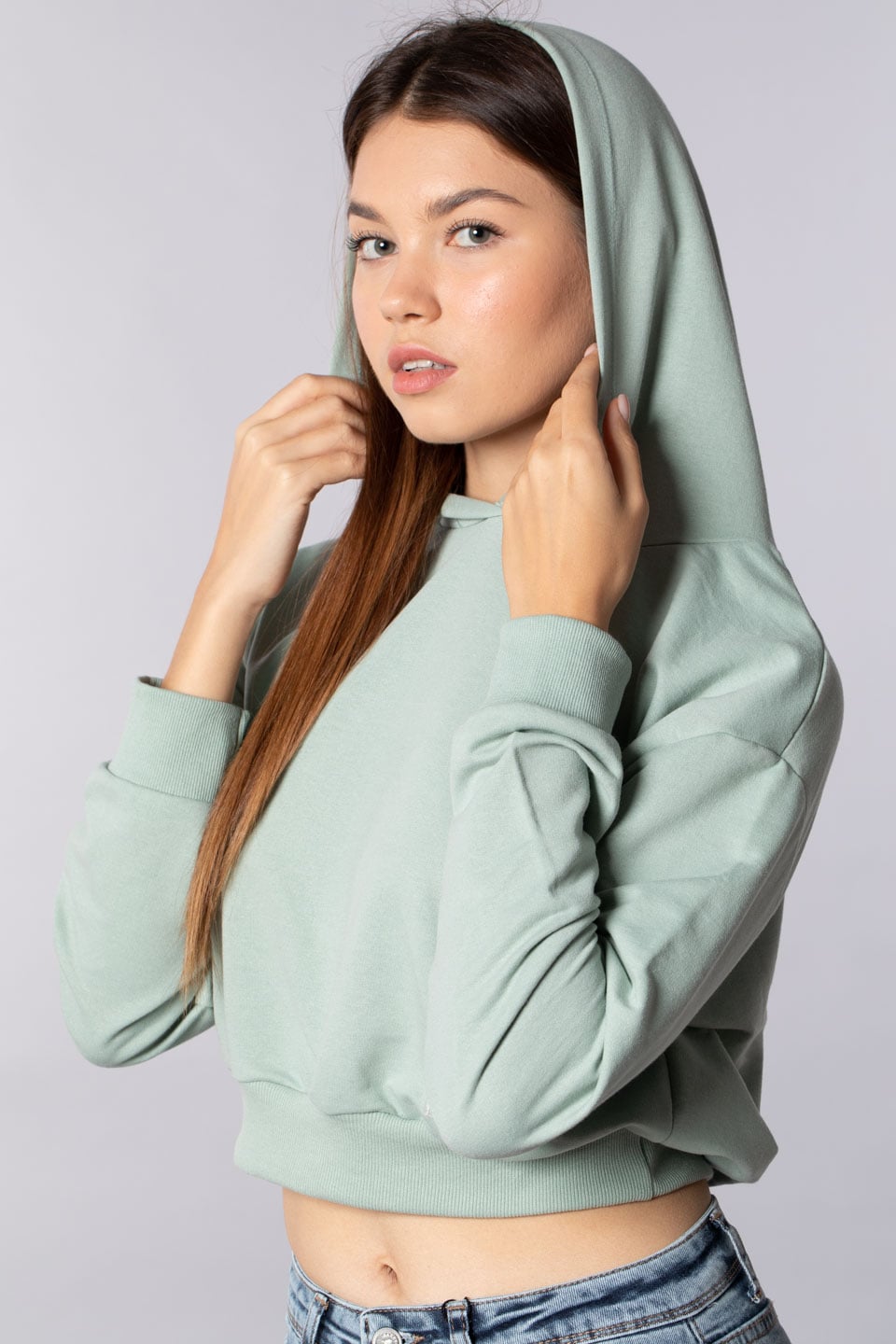 Kapüşonlu crop sweatshırt-9682 Mint