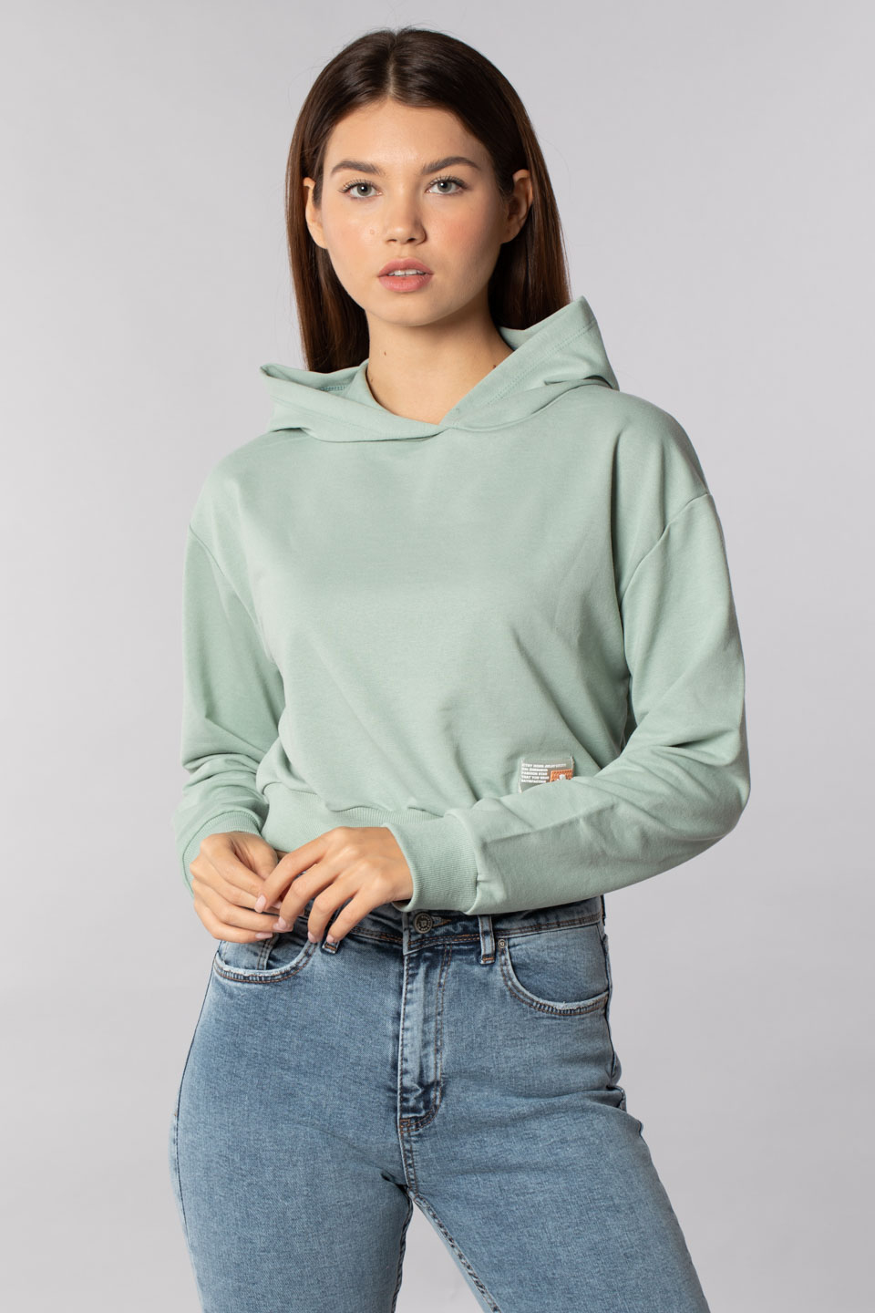 Kapüşonlu crop sweatshırt-9682 Mint