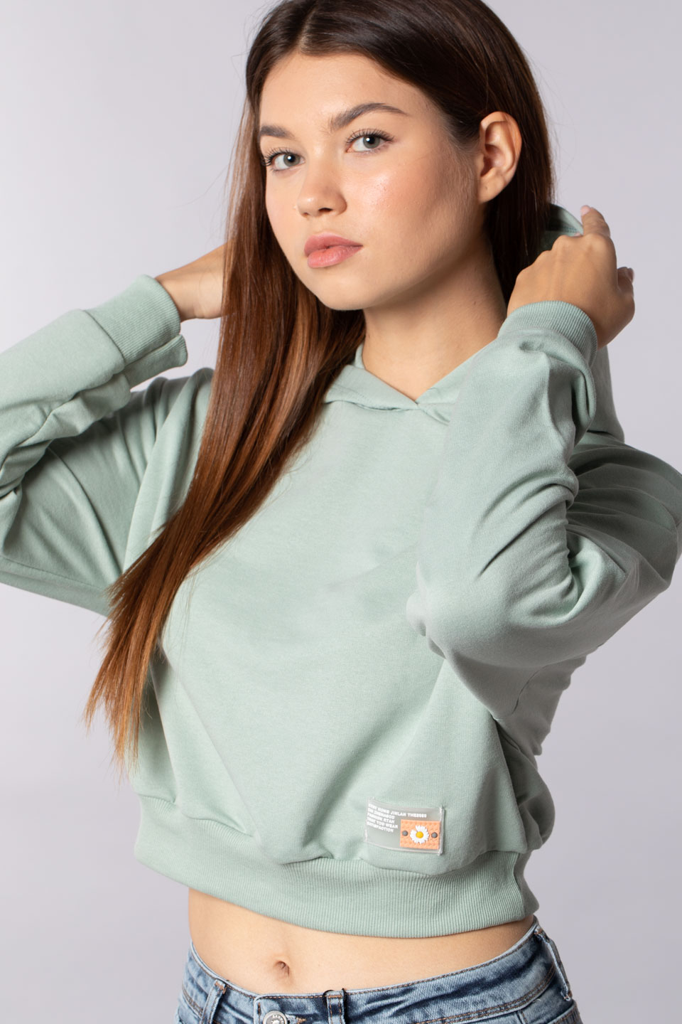 Kapüşonlu crop sweatshırt-9682 Mint