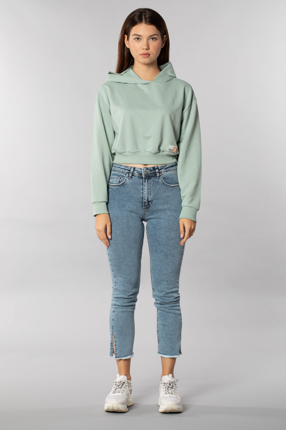 Kapüşonlu crop sweatshırt-9682 Mint