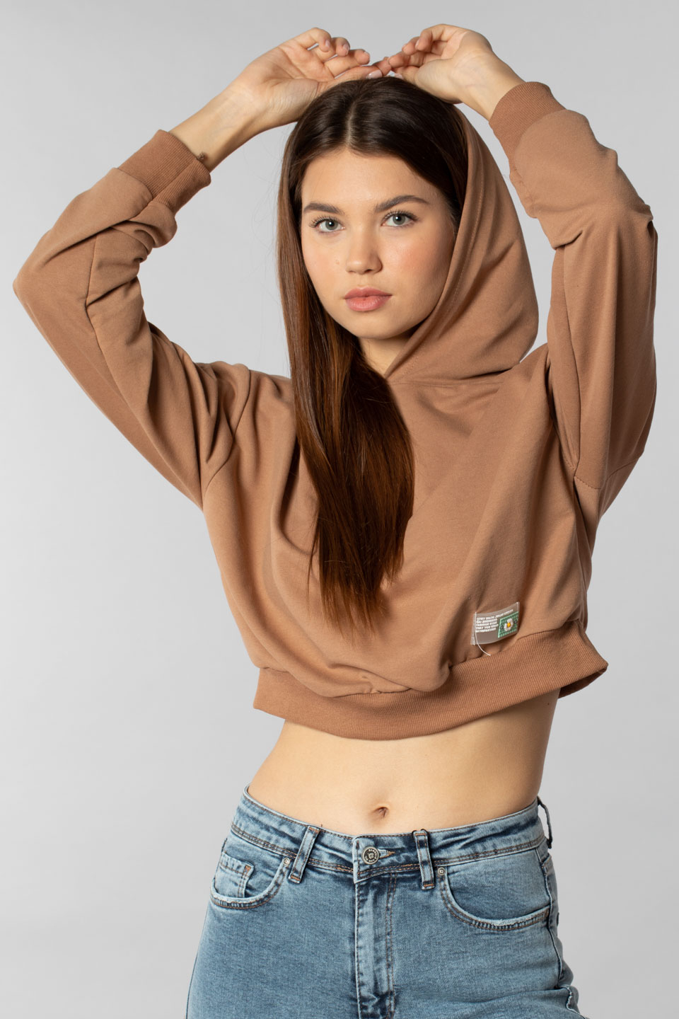Kapüşonlu crop sweatshırt-9682 Sütlü Kahve 