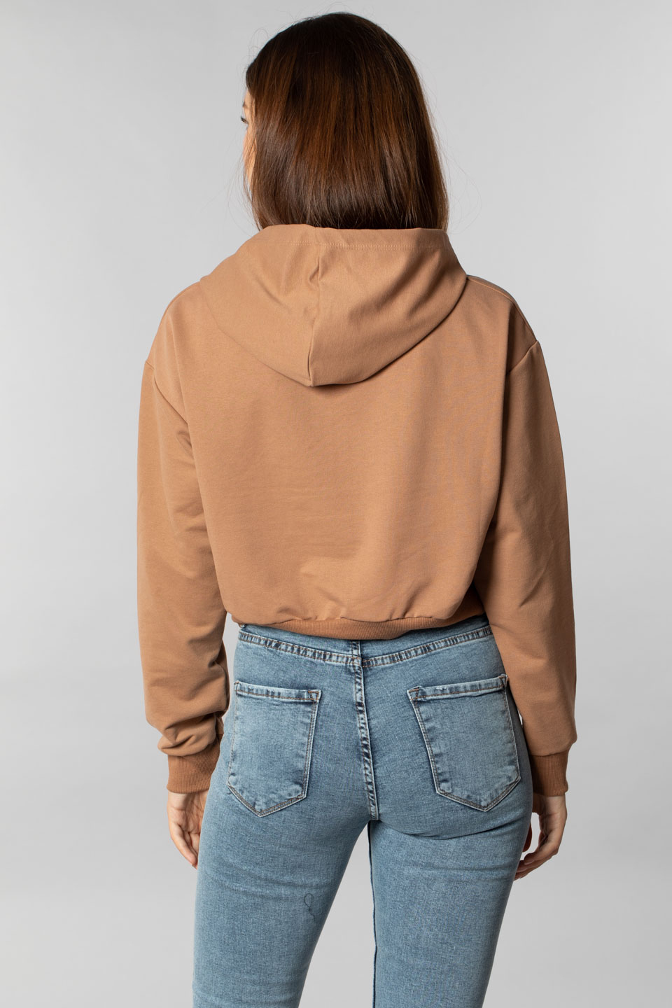 Kapüşonlu crop sweatshırt-9682 Sütlü Kahve 
