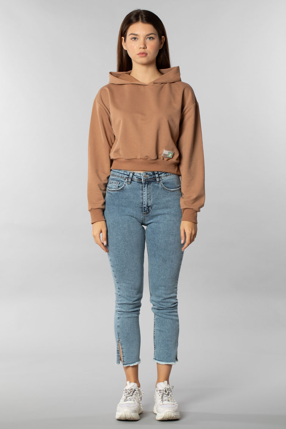 Kapüşonlu crop sweatshırt-9682 Sütlü Kahve 