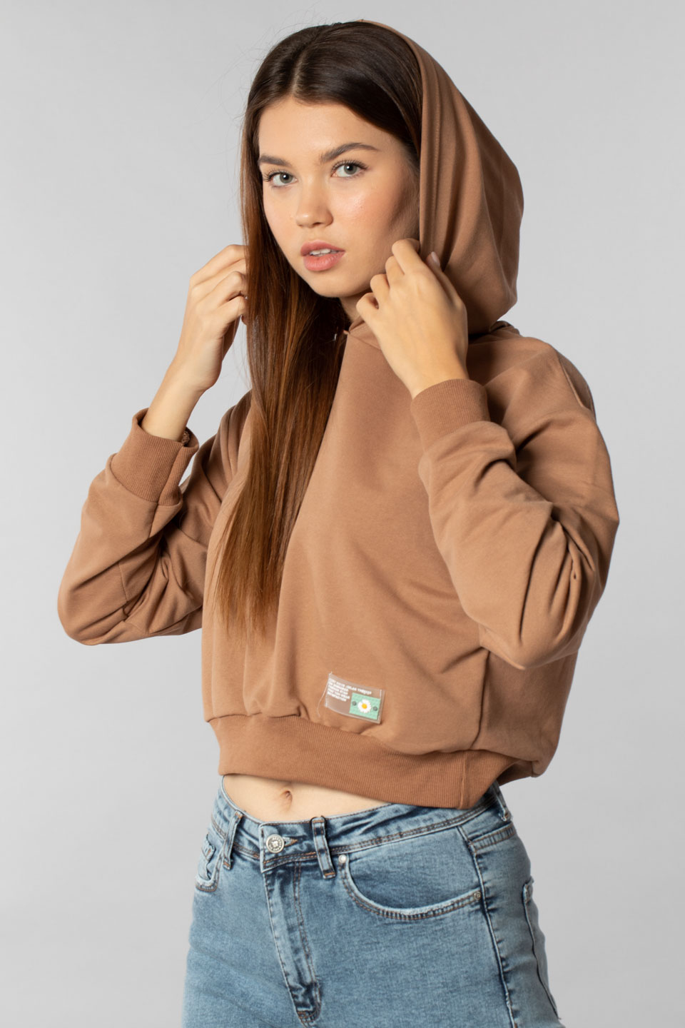 Kapüşonlu crop sweatshırt-9682 Sütlü Kahve 