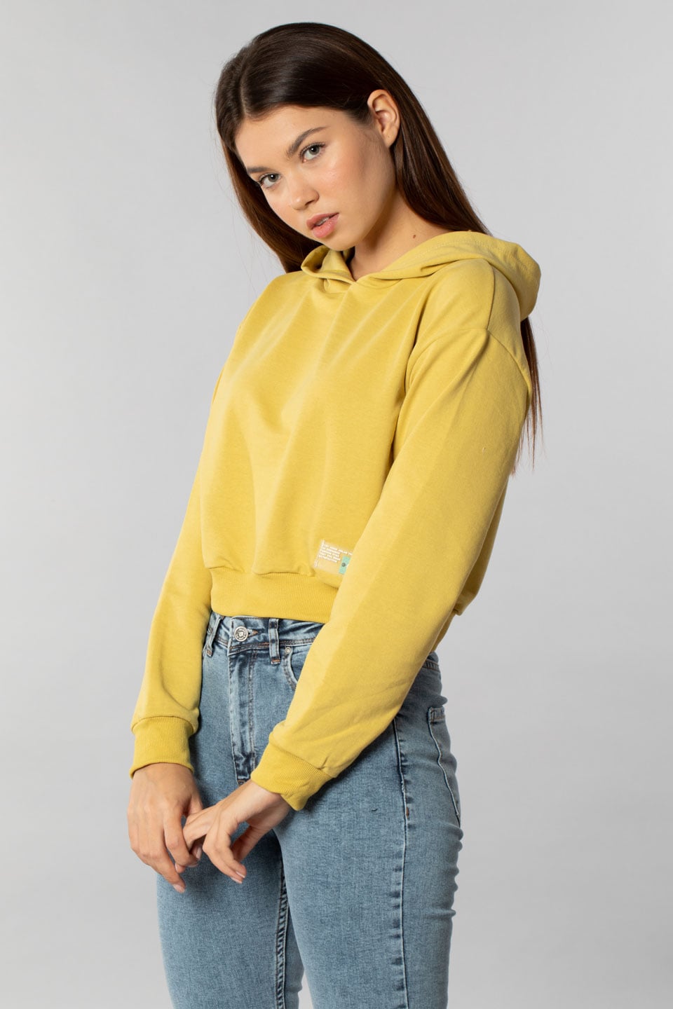 Kapüşonlu crop sweatshırt-9682 Yağ Yeşil