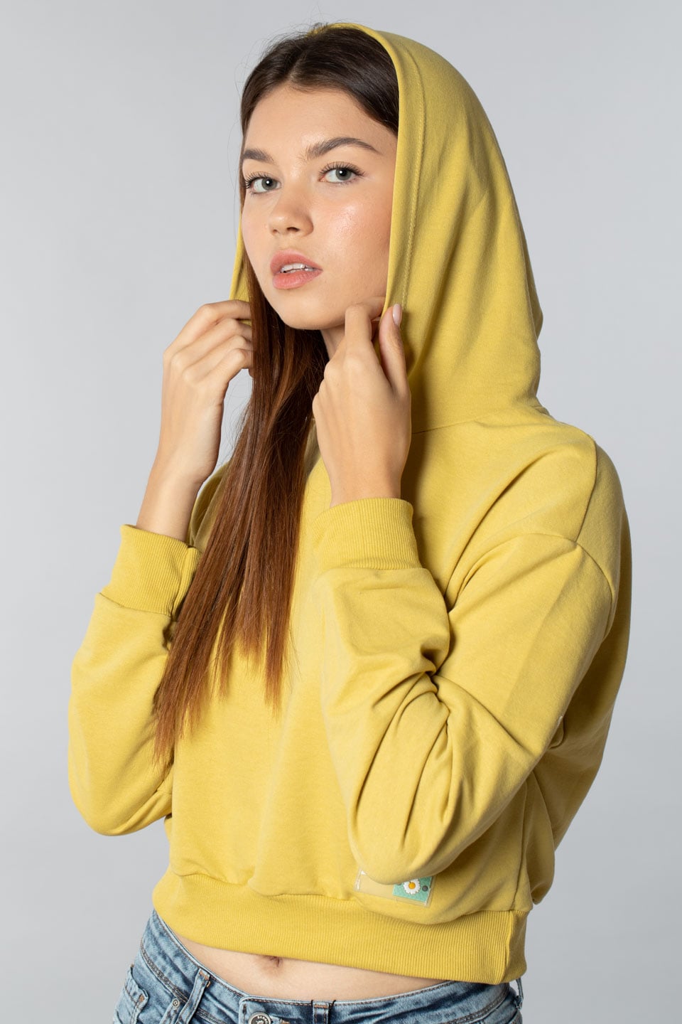 Kapüşonlu crop sweatshırt-9682 Yağ Yeşil