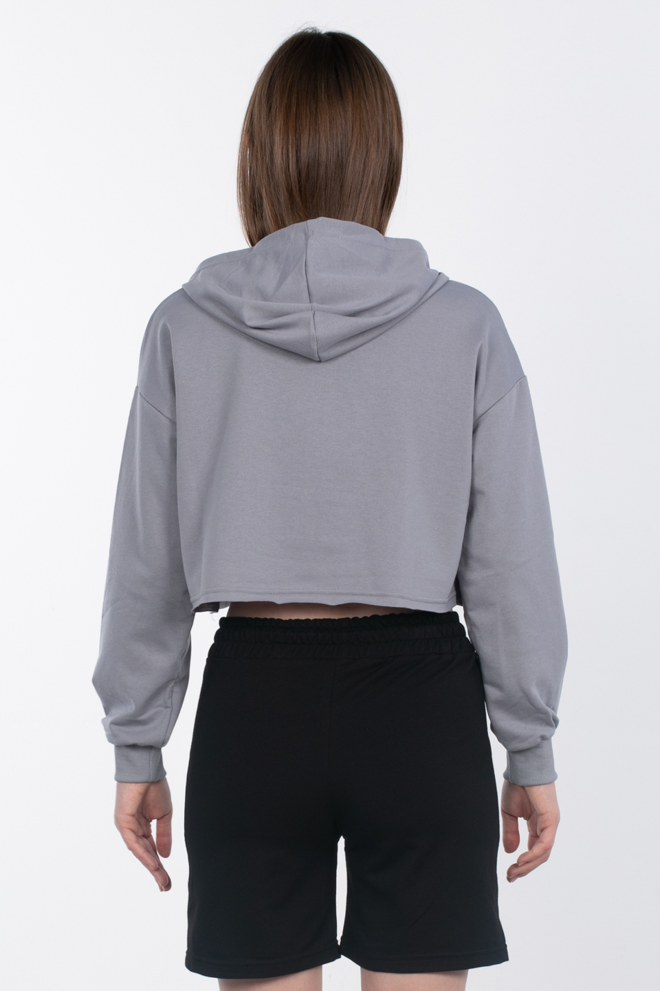 Kapüşonlu crop sweatshirt-DVN0826 B.Gri