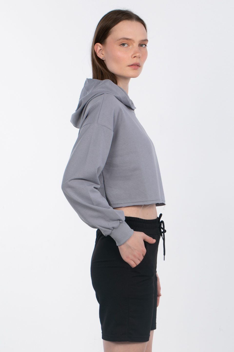 Kapüşonlu crop sweatshirt-DVN0826 B.Gri