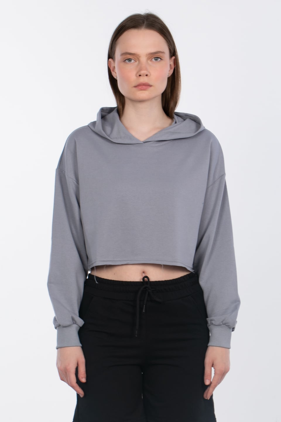 Kapüşonlu crop sweatshirt-DVN0826 B.Gri