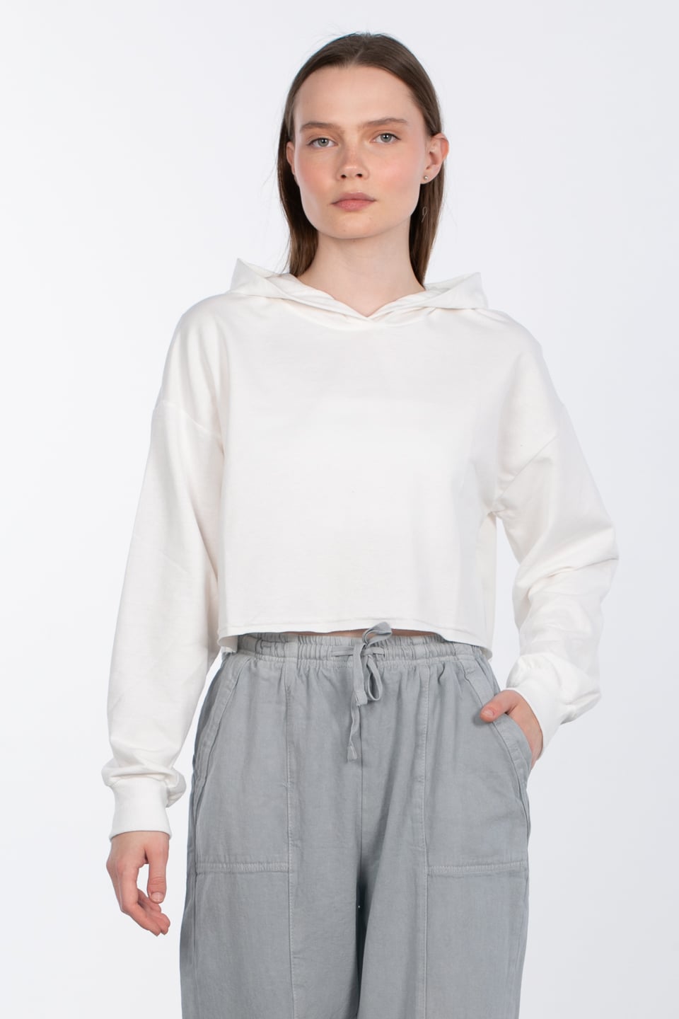 Kapüşonlu crop sweatshirt-DVN0826 Ekru