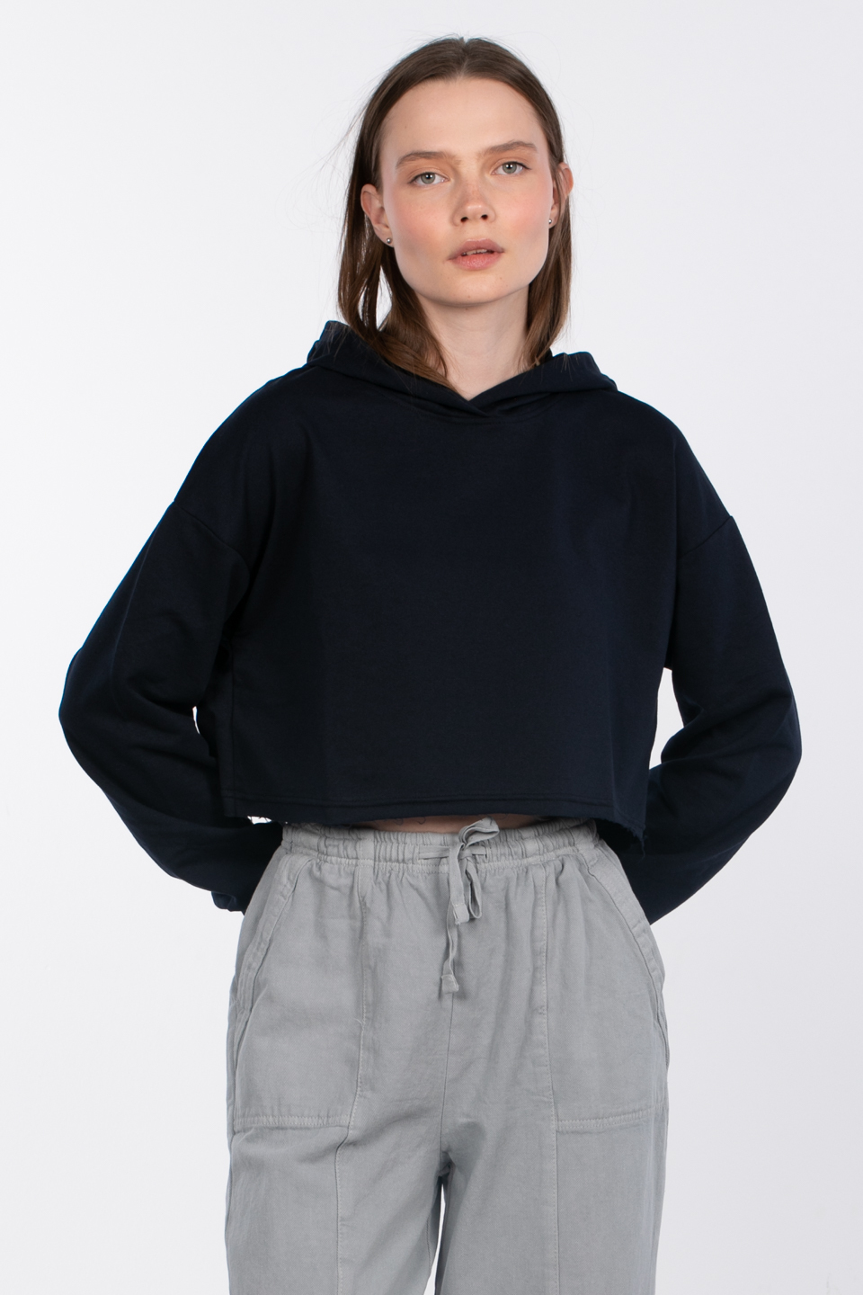Kapüşonlu crop sweatshirt-DVN0826 Lacivert