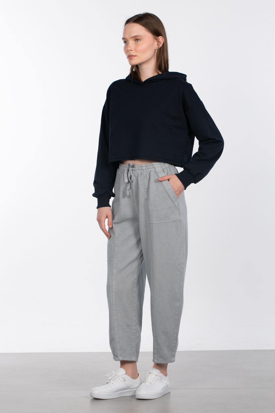 Kapüşonlu crop sweatshirt-DVN0826 Lacivert