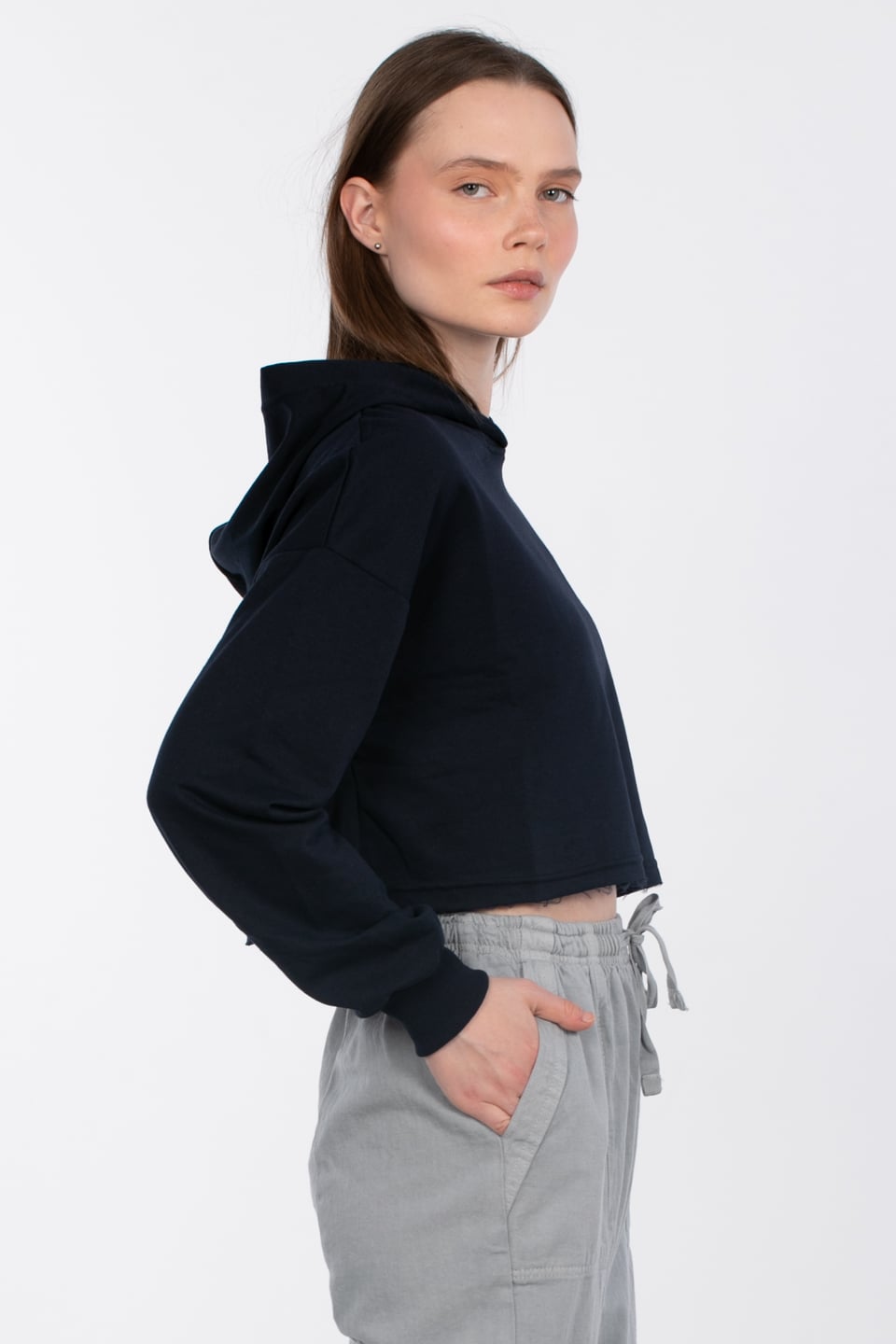 Kapüşonlu crop sweatshirt-DVN0826 Lacivert