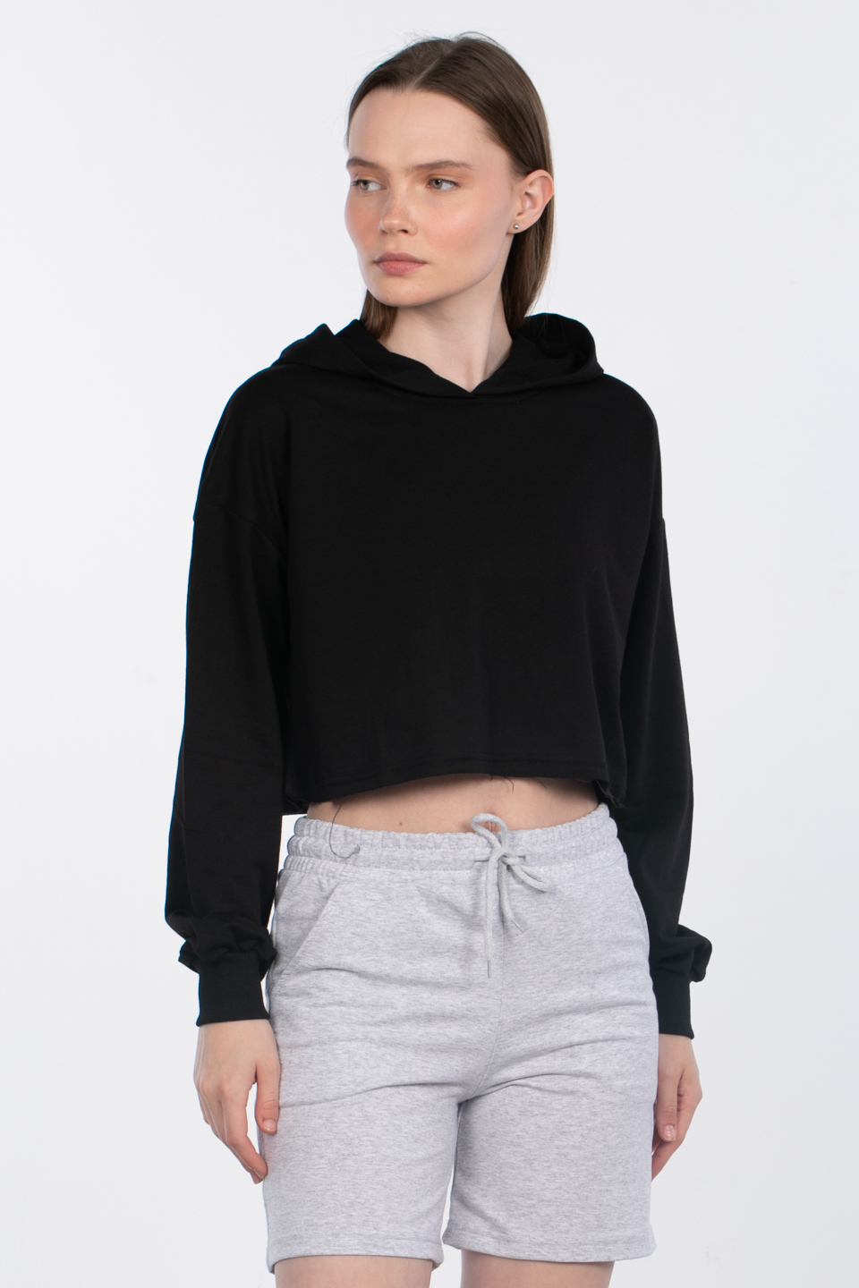Kapüşonlu crop sweatshirt-DVN0826 Siyah