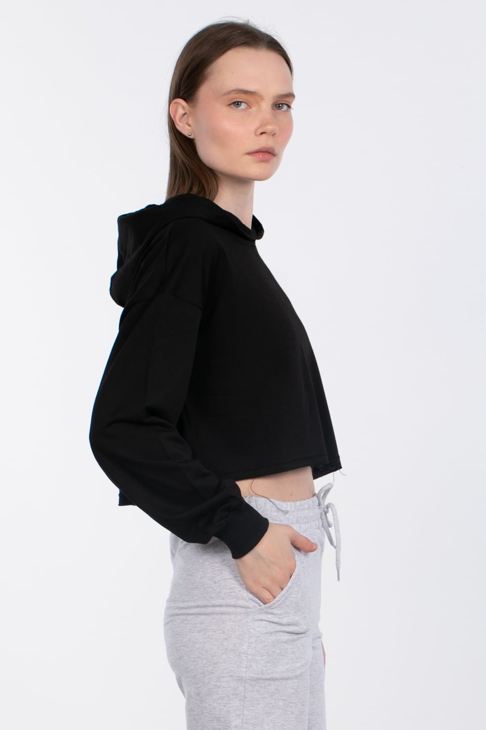 Kapüşonlu crop sweatshirt-DVN0826 Siyah
