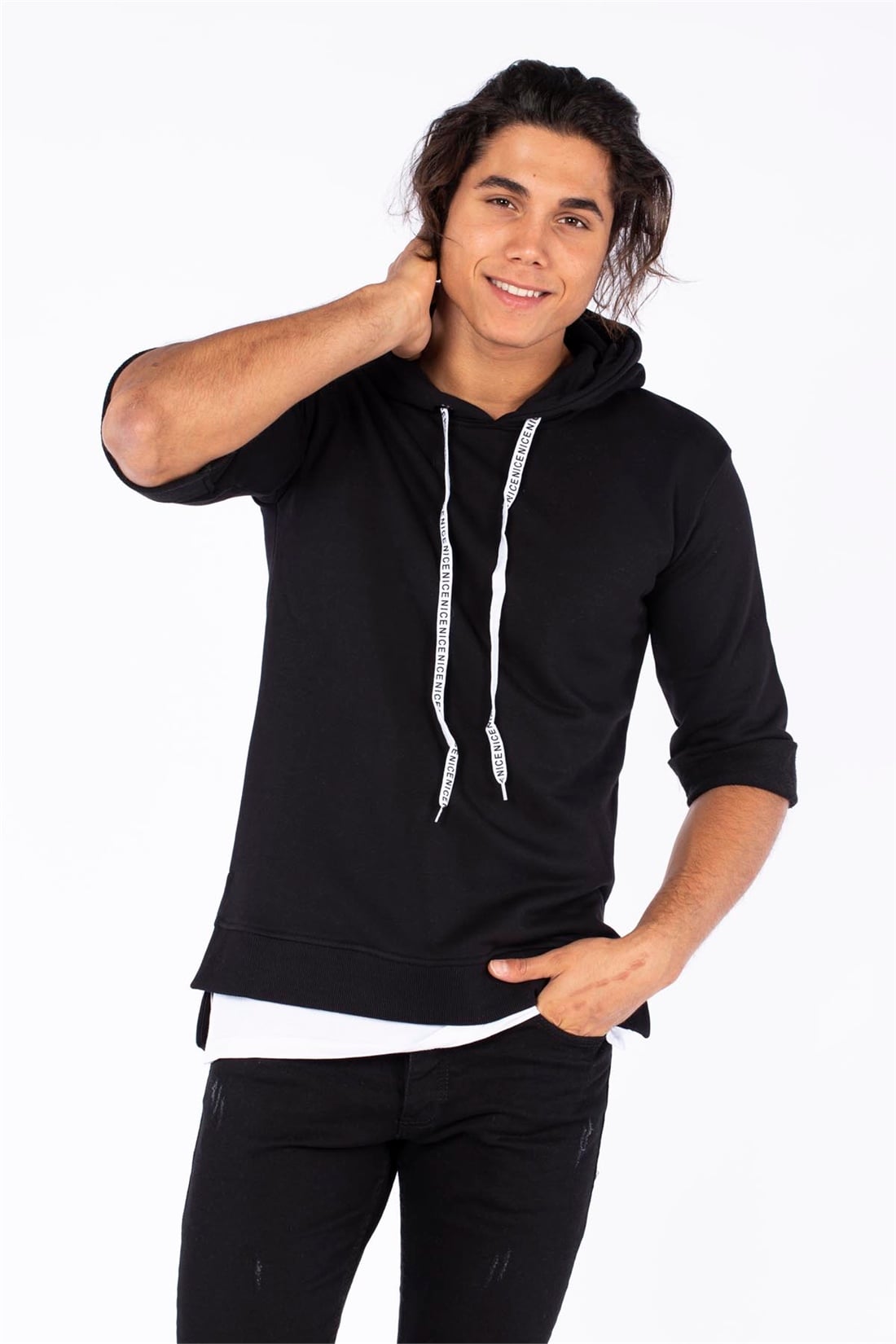 Kapüşonlu Double Kol Sweatshirt-Siyah