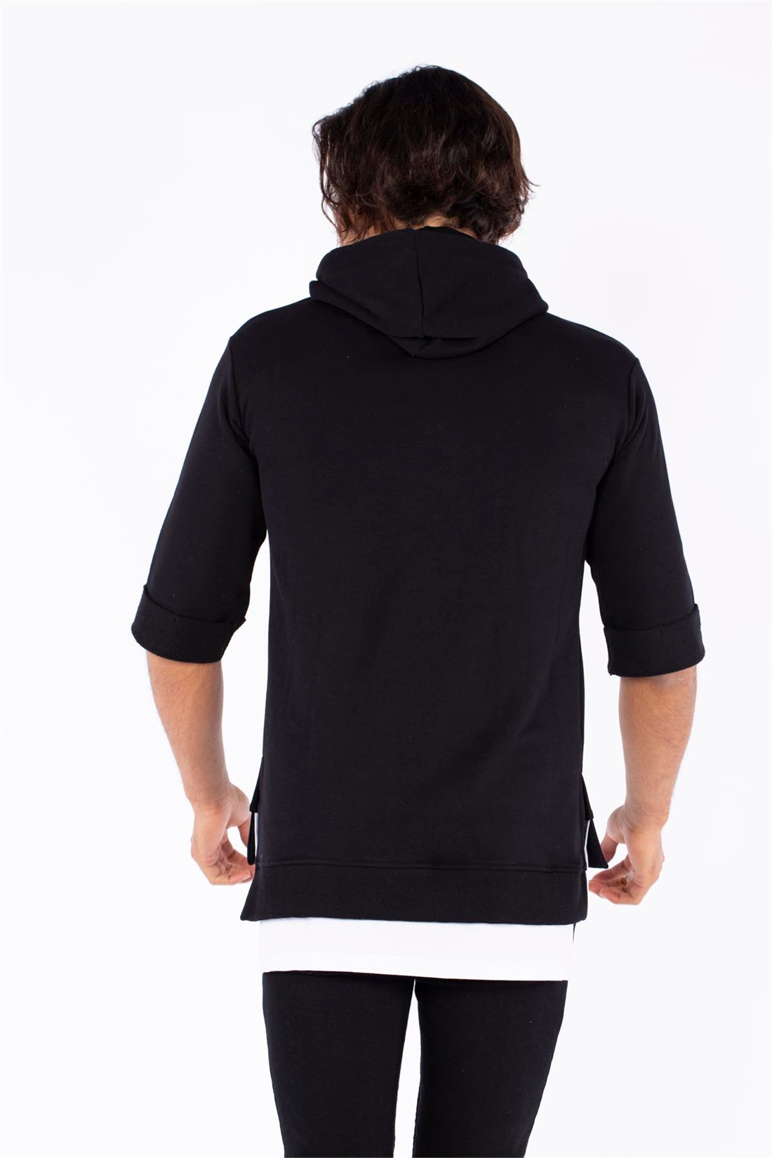 Kapüşonlu Double Kol Sweatshirt-Siyah