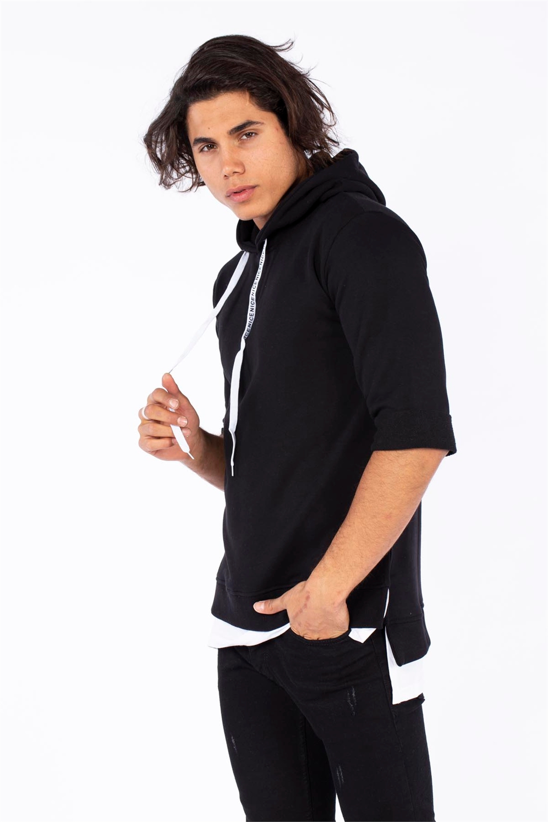 Kapüşonlu Double Kol Sweatshirt-Siyah