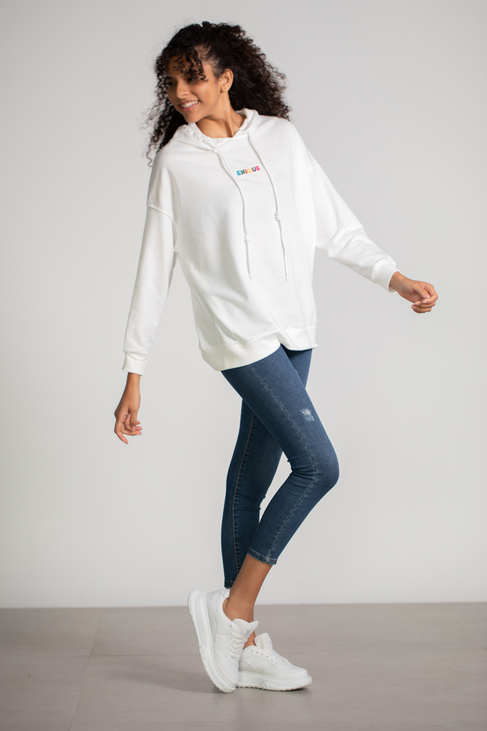 Kapüşonlu Enique Baskılı Sweatshirt - Ekru