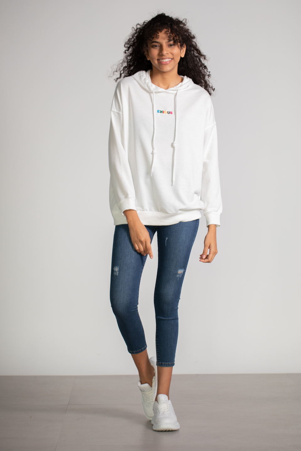 Kapüşonlu Enique Baskılı Sweatshirt - Ekru