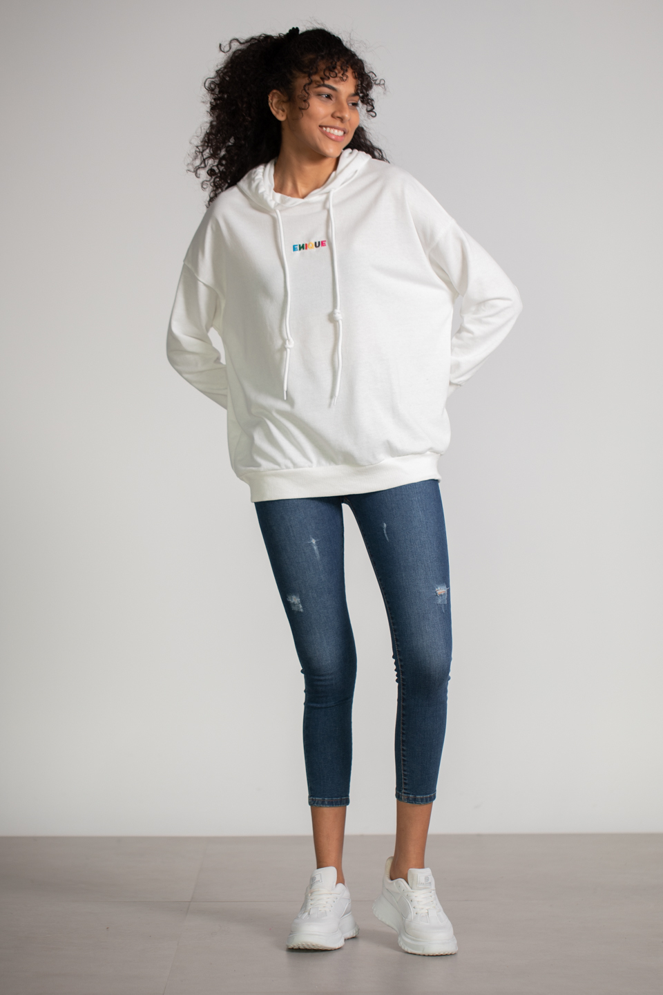 Kapüşonlu Enique Baskılı Sweatshirt - Ekru