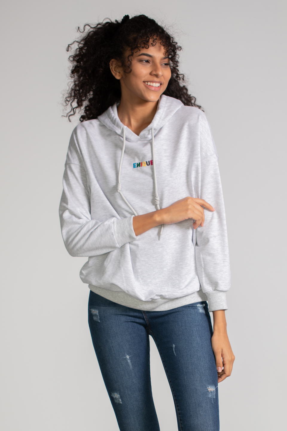 Kapüşonlu Enique Baskılı Sweatshirt - Gri