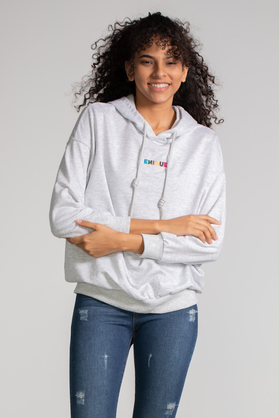 Kapüşonlu Enique Baskılı Sweatshirt - Gri