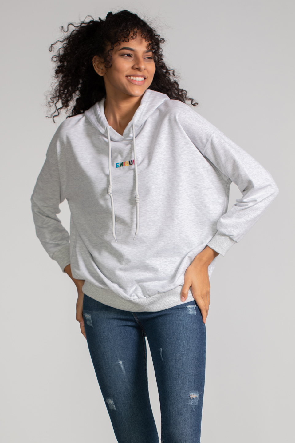 Kapüşonlu Enique Baskılı Sweatshirt - Gri