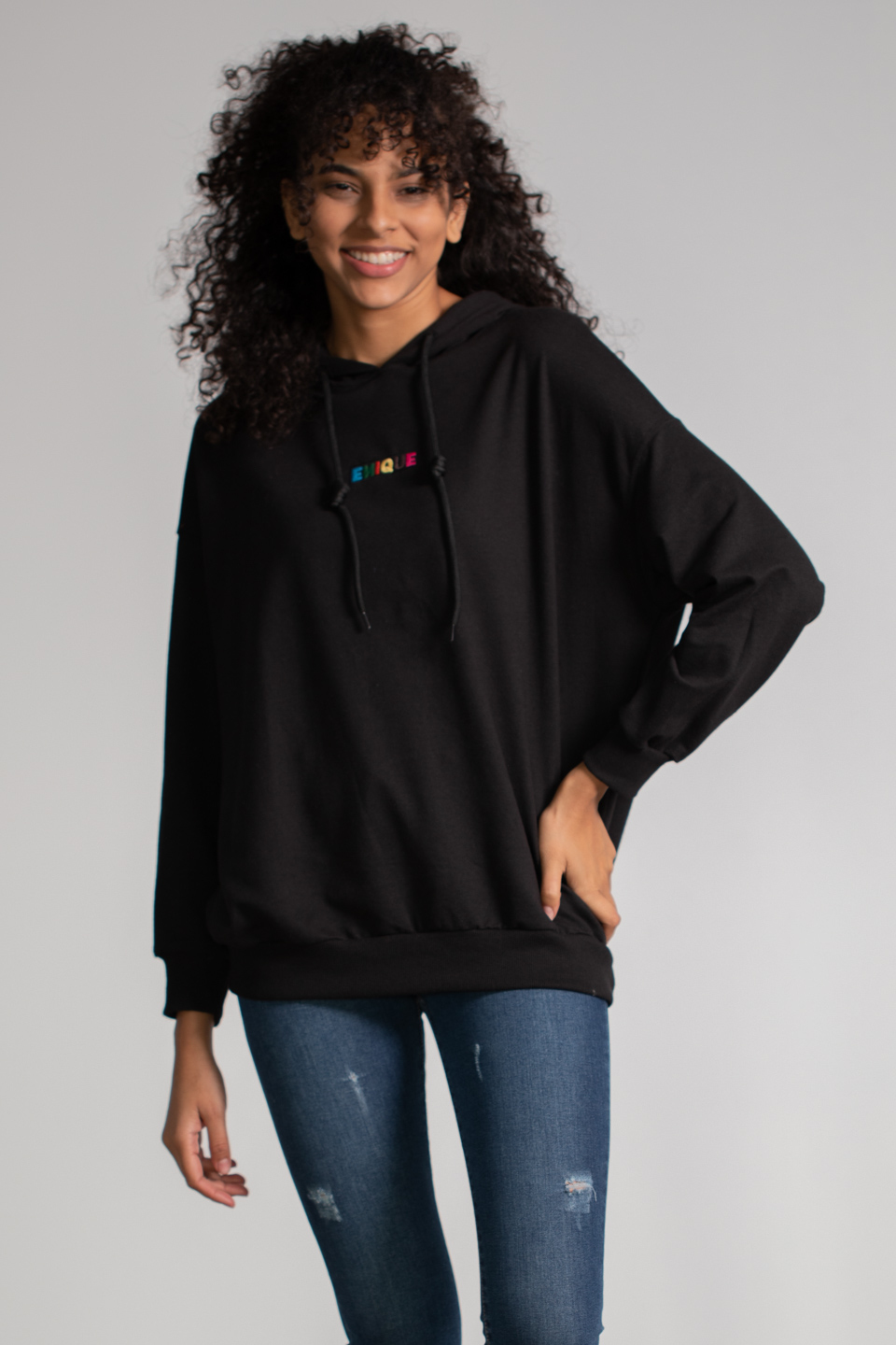 Kapüşonlu Enique Baskılı Sweatshirt - Siyah