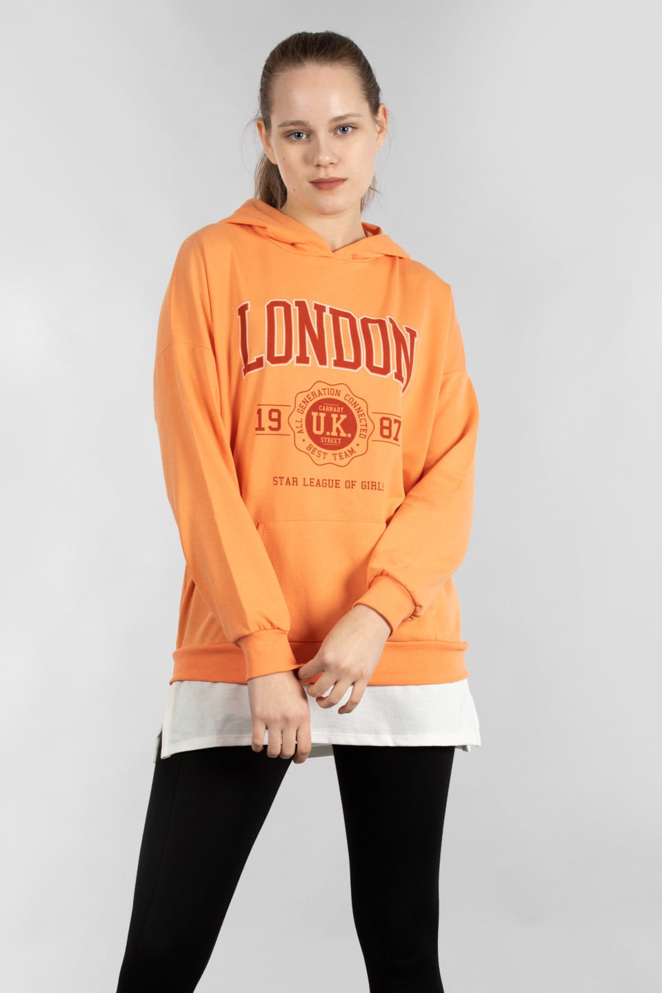 Kapüşonlu etek ucu penye garnili sweatshirt-9651 Kavun
