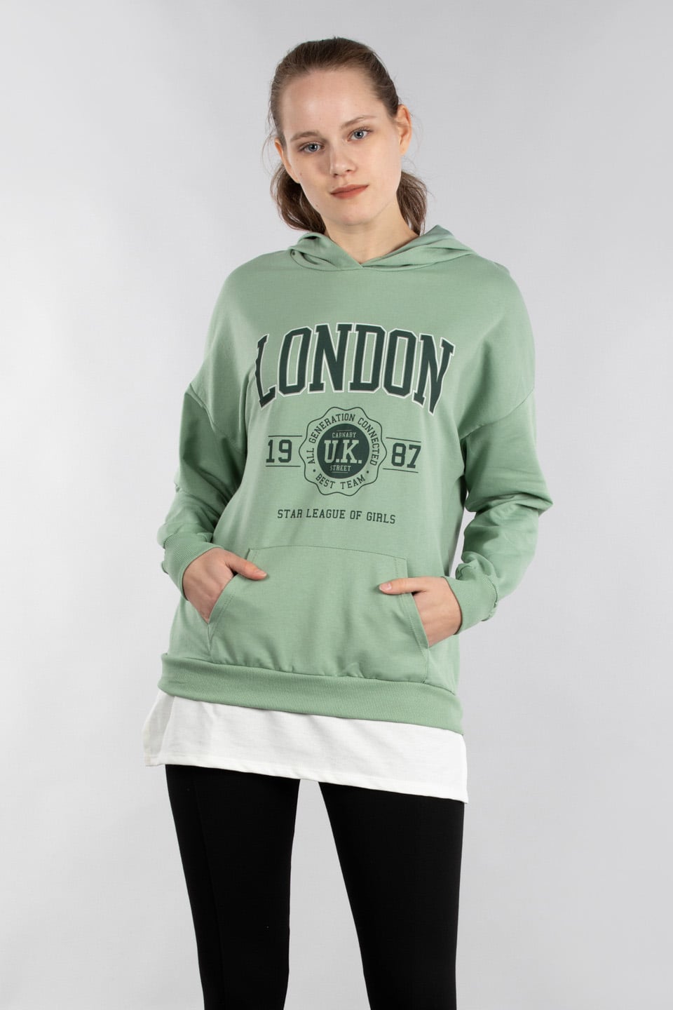 Kapüşonlu etek ucu penye garnili sweatshirt-9651 Mint