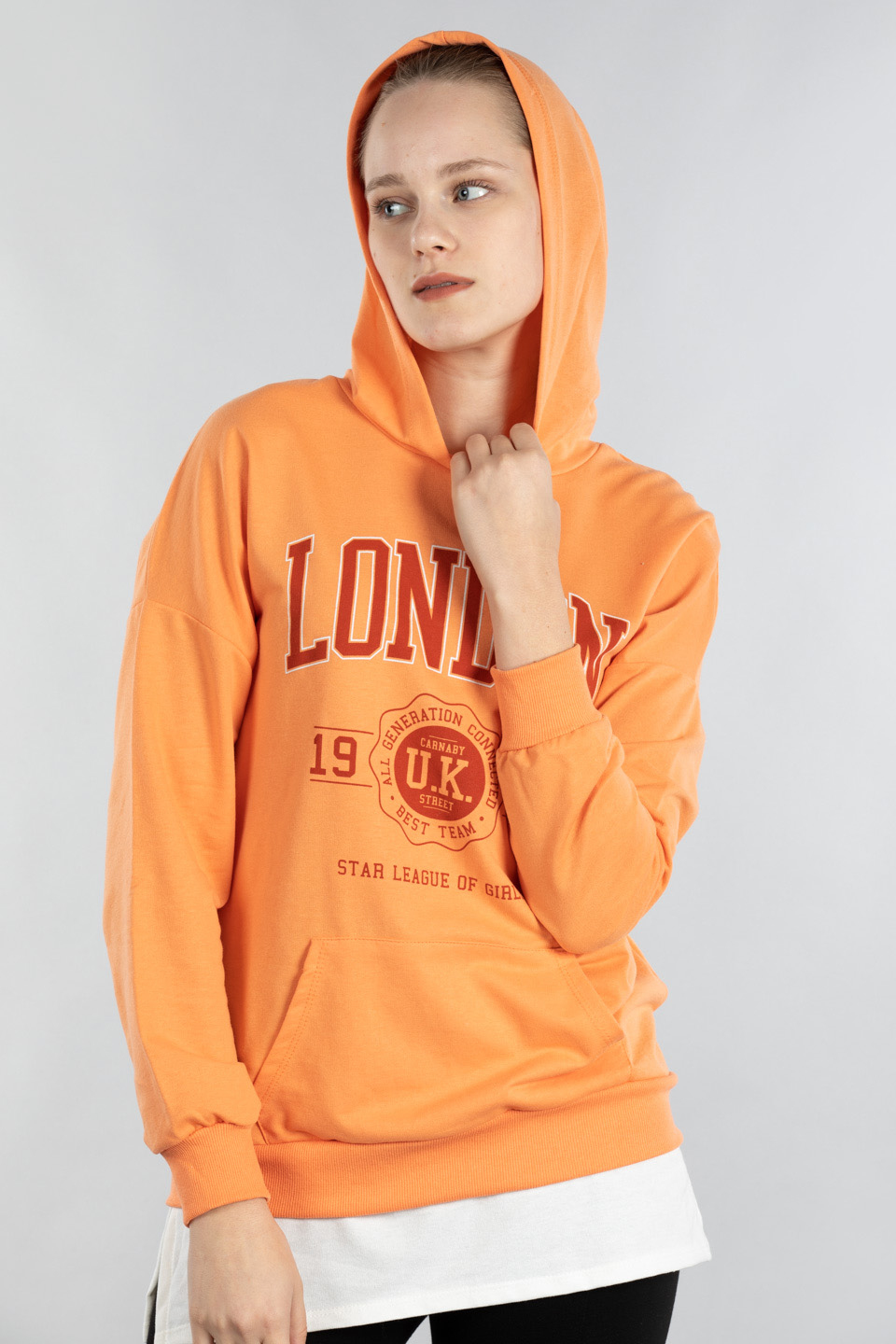 Kapüşonlu etek ucu penye garnili sweatshirt-9651 Kavun