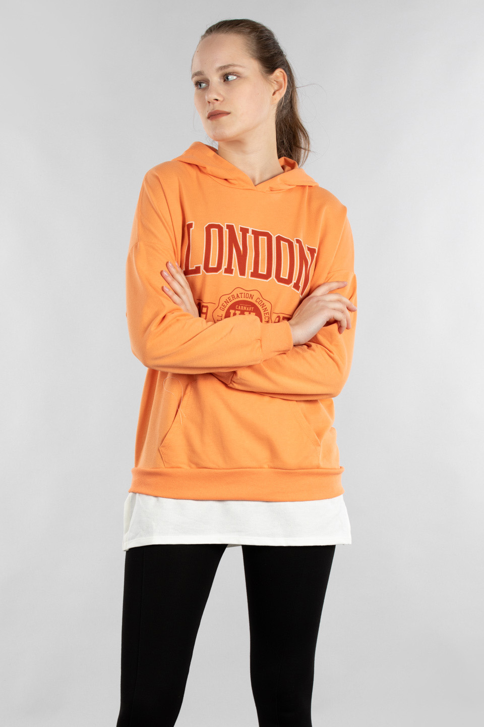 Kapüşonlu etek ucu penye garnili sweatshirt-9651 Kavun