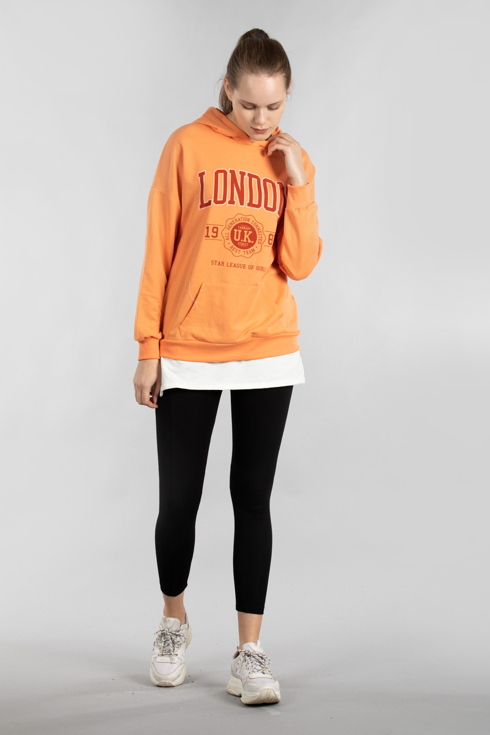 Kapüşonlu etek ucu penye garnili sweatshirt-9651 Kavun