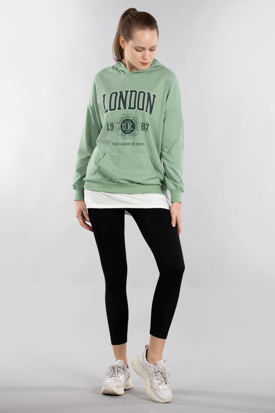 Kapüşonlu etek ucu penye garnili sweatshirt-9651 Mint