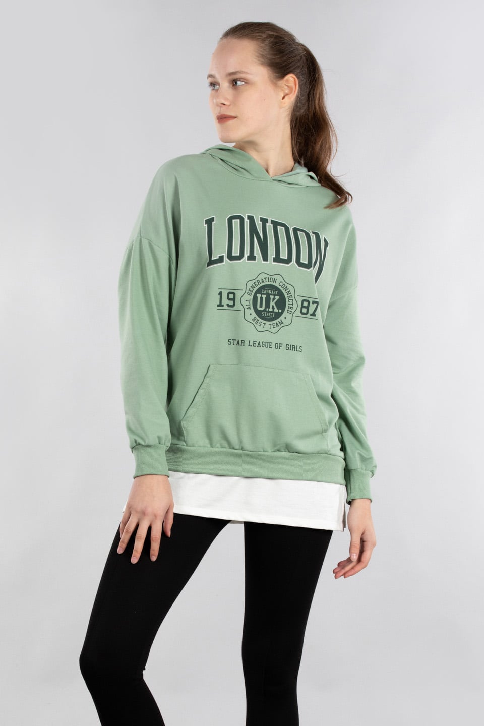 Kapüşonlu etek ucu penye garnili sweatshirt-9651 Mint