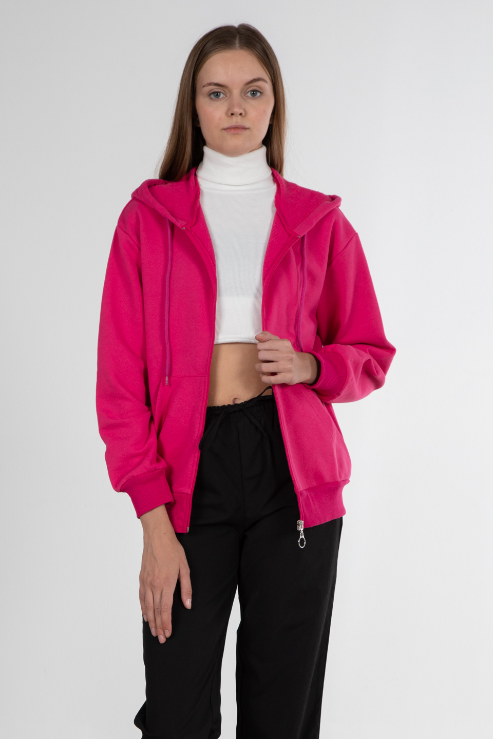Kapüşonlu fermuarlı sweatshirt-1030 Fuşya