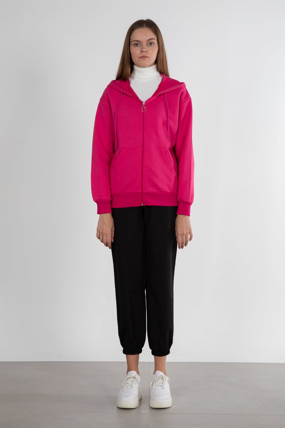 Kapüşonlu fermuarlı sweatshirt-1030 Fuşya