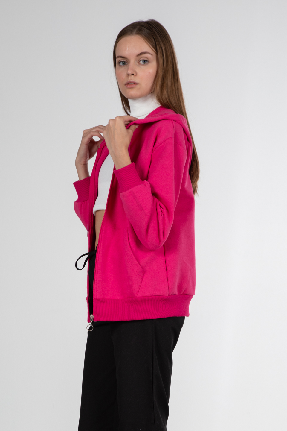Kapüşonlu fermuarlı sweatshirt-1030 Fuşya